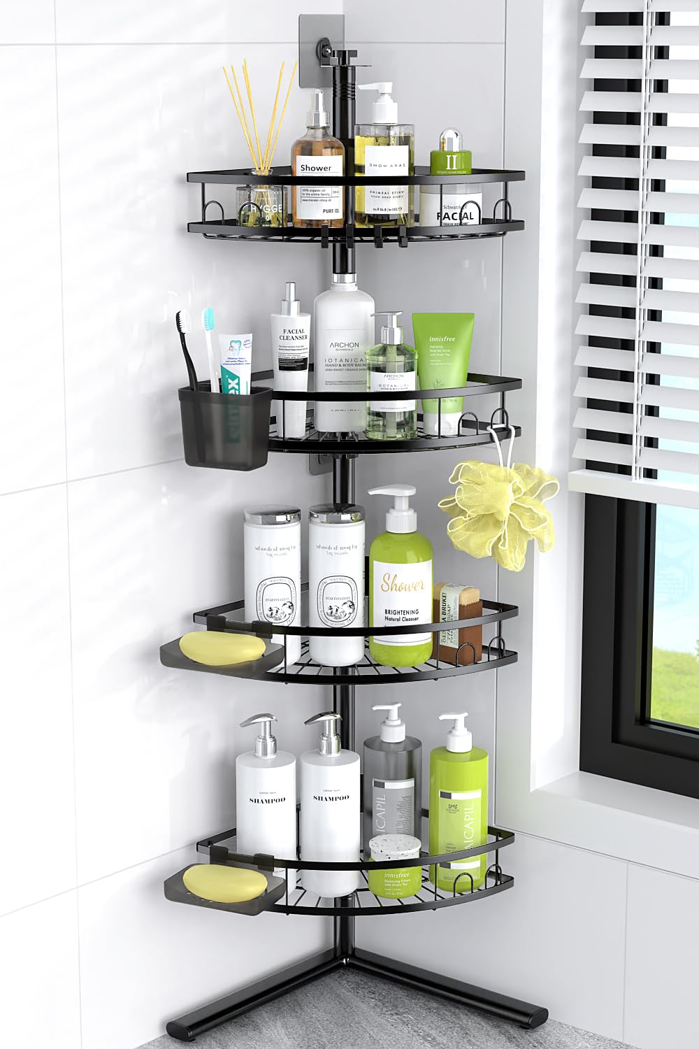 Aitatty corner shower caddy 4-tier in black, stable wall-secured design for busy bathrooms.