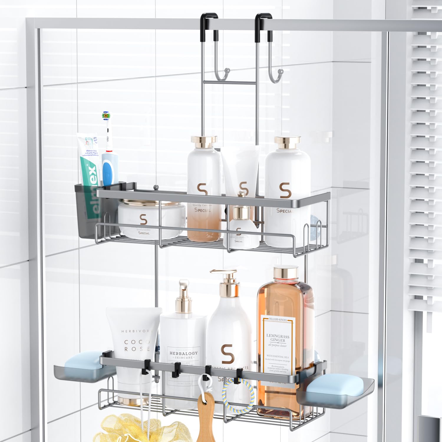 Aitatty hanging shower caddy over door assembly for quick setup and ample storage.