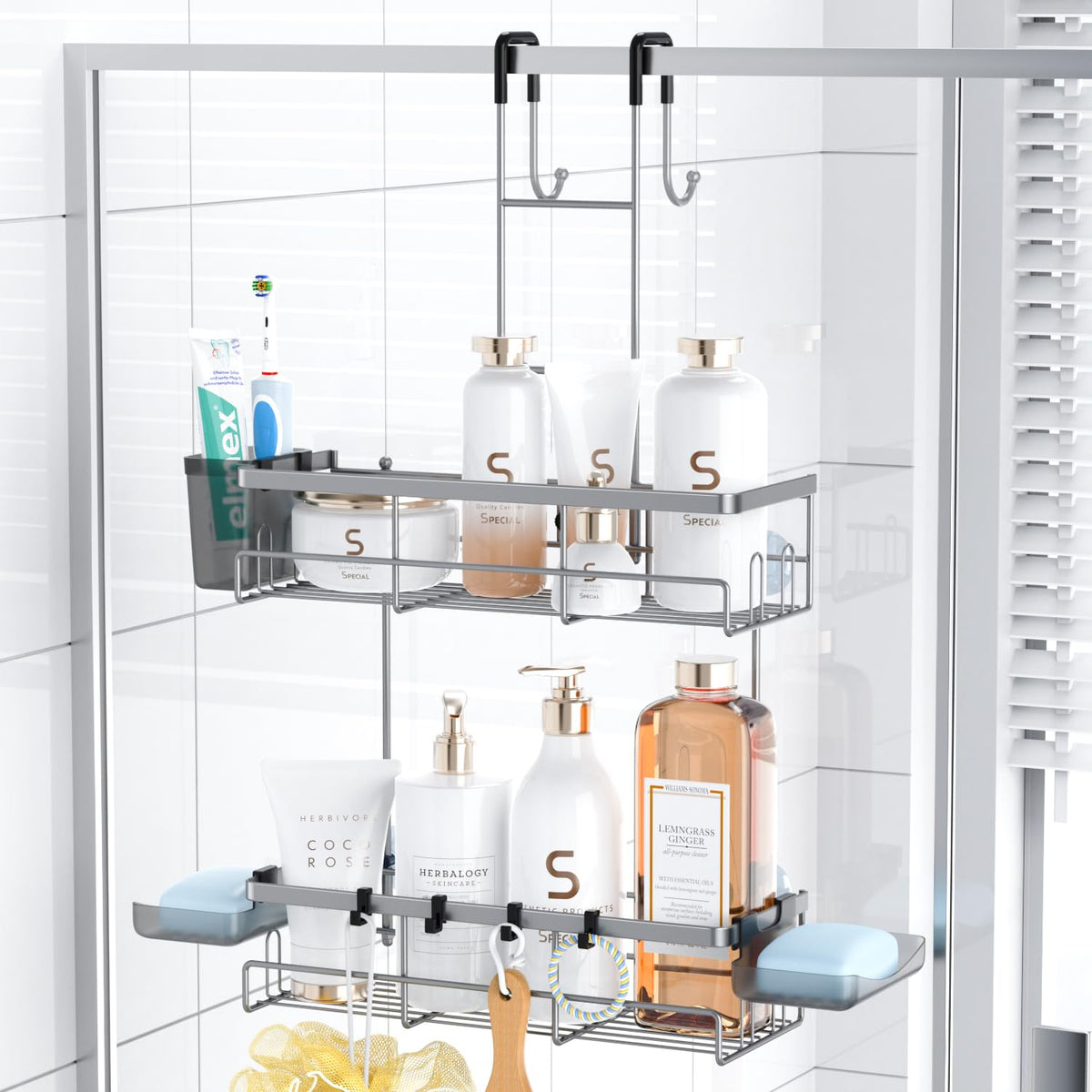 Aitatty hanging shower caddy over door assembly for quick setup and ample storage.
