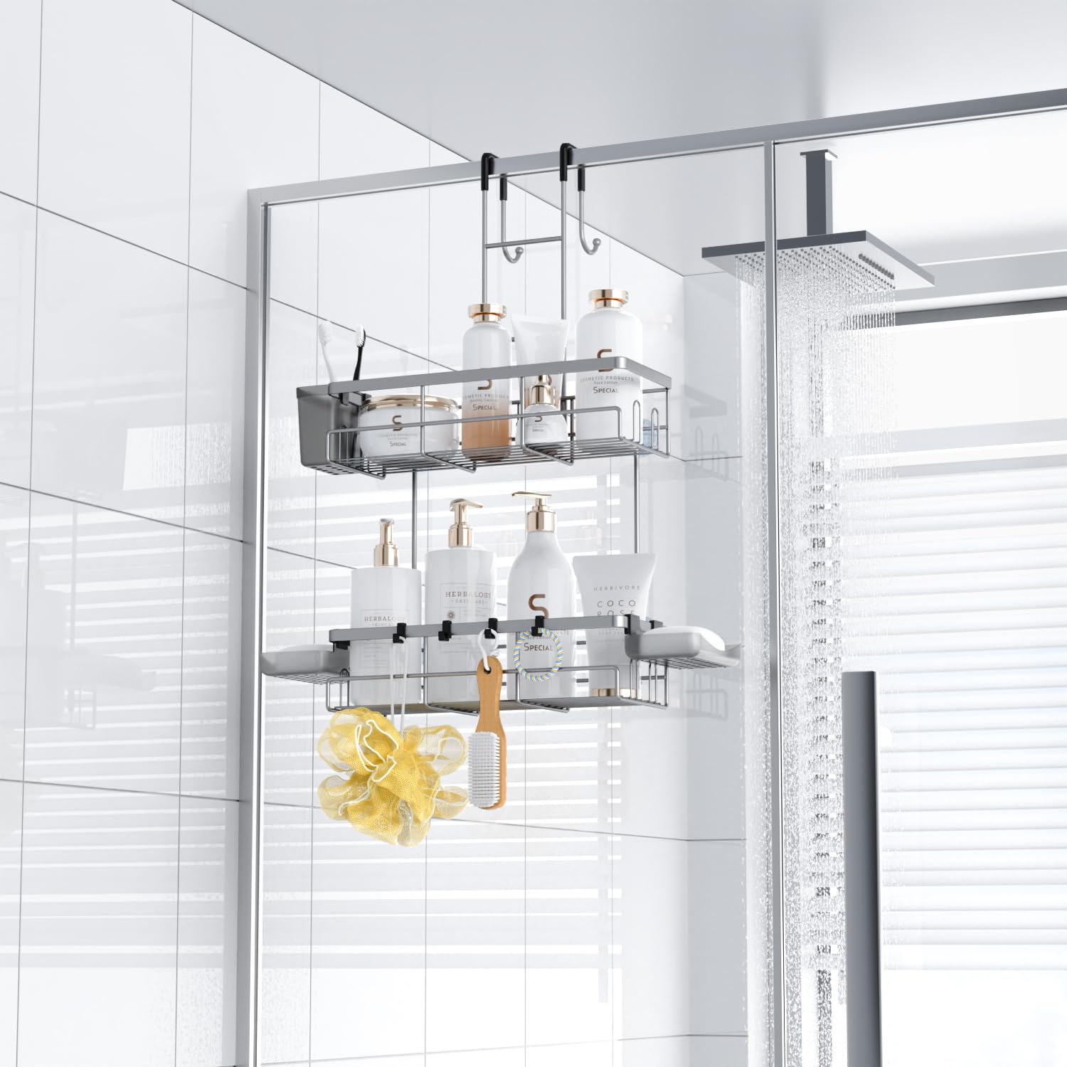 Aitatty over door shower caddy installed on a bathroom door.