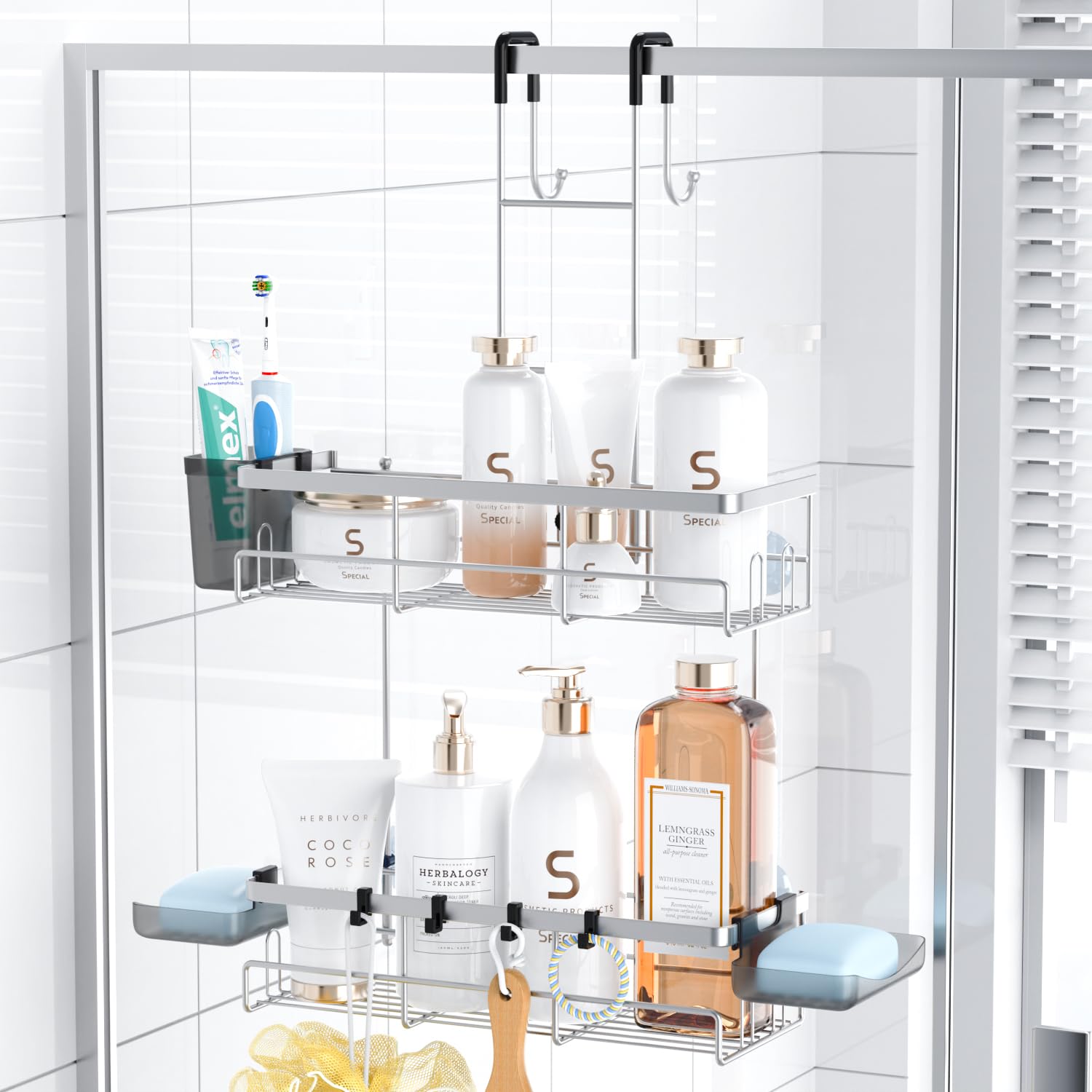 Aitatty chrome over-the-door shower caddy with two-tier storage.
