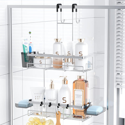 Aitatty chrome over-the-door shower caddy with two-tier storage.