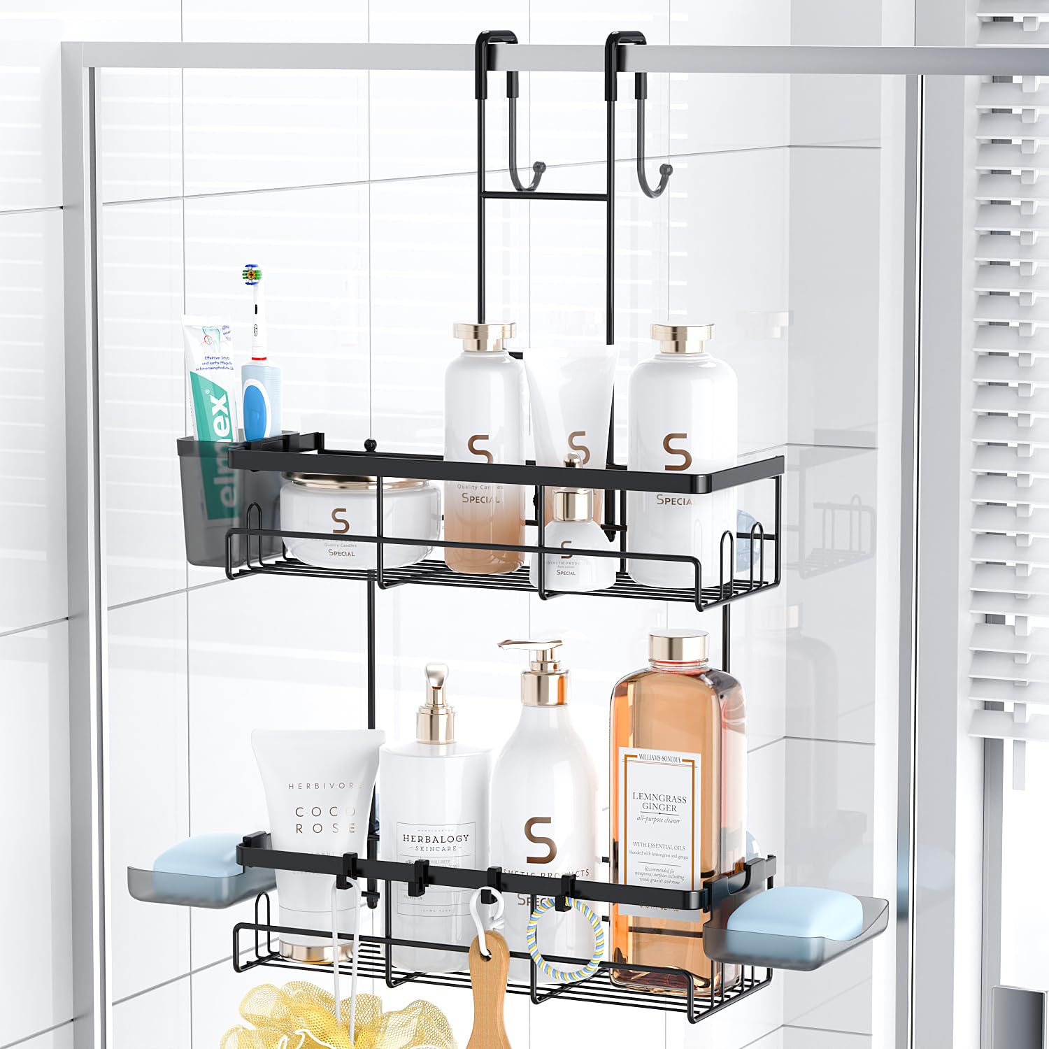 Aitatty over-the-door shower caddy on door demonstrates spacious storage for towels and toiletries.