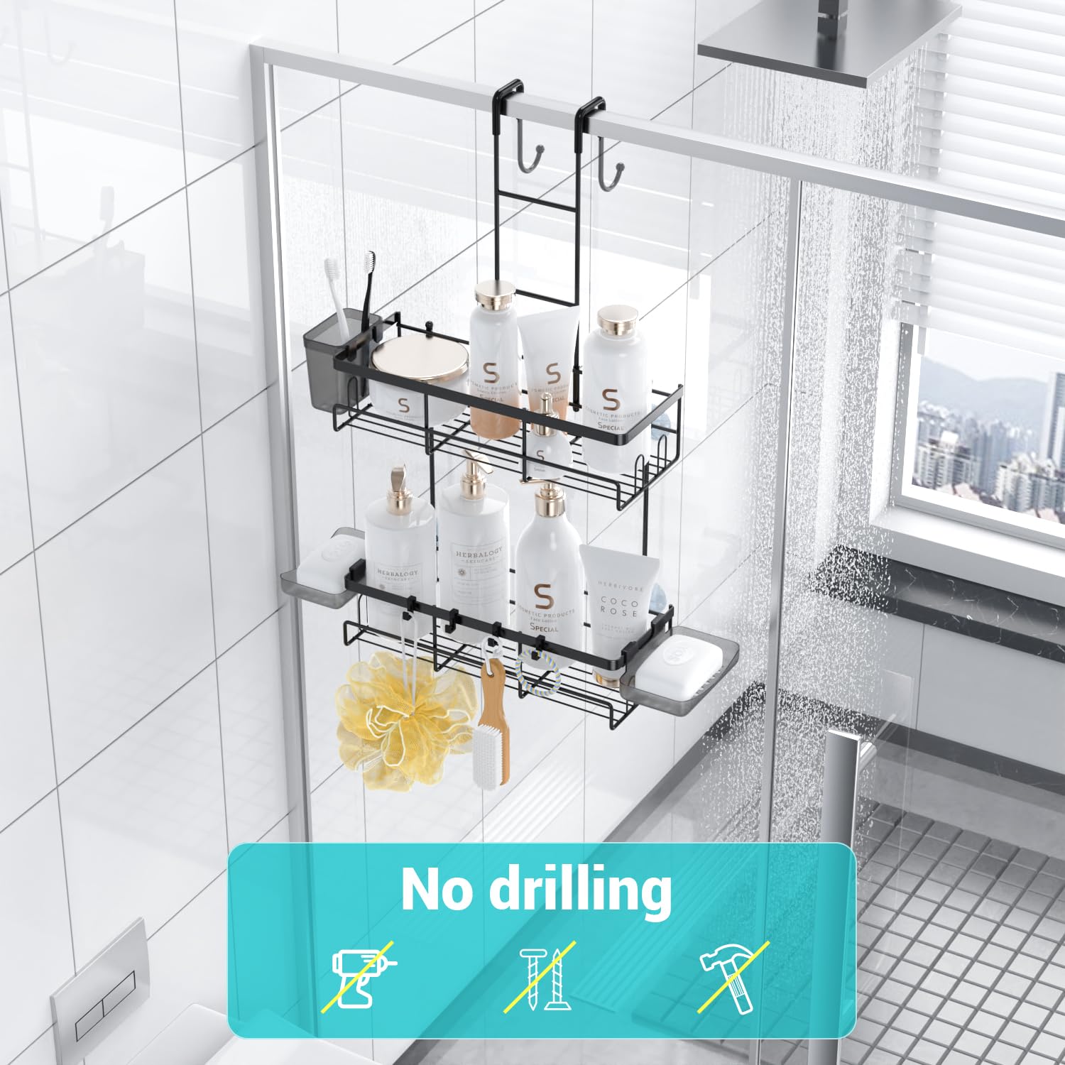 Aitatty over-the-door shower caddy rustproof material close-up emphasizing durability.