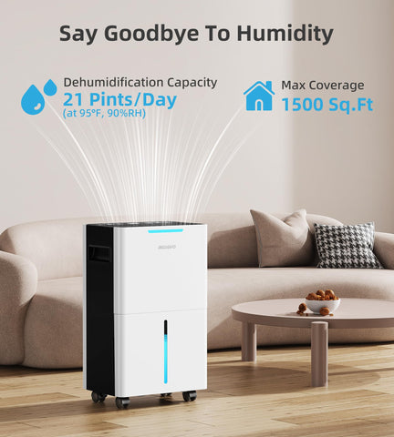 Aiusevo dehumidifier in living room demonstrates compact portability and efficient moisture control.