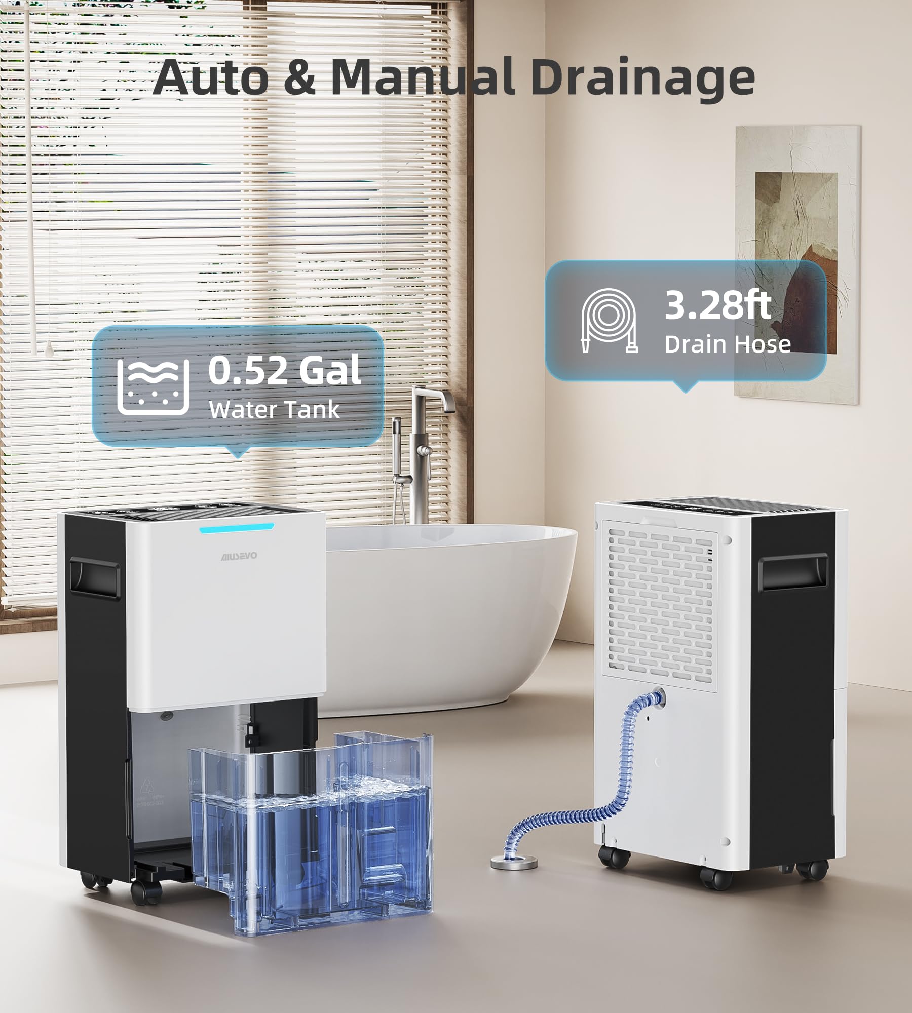 Aiusevo 2L tank with auto shut-off visual indicator for simple maintenance.