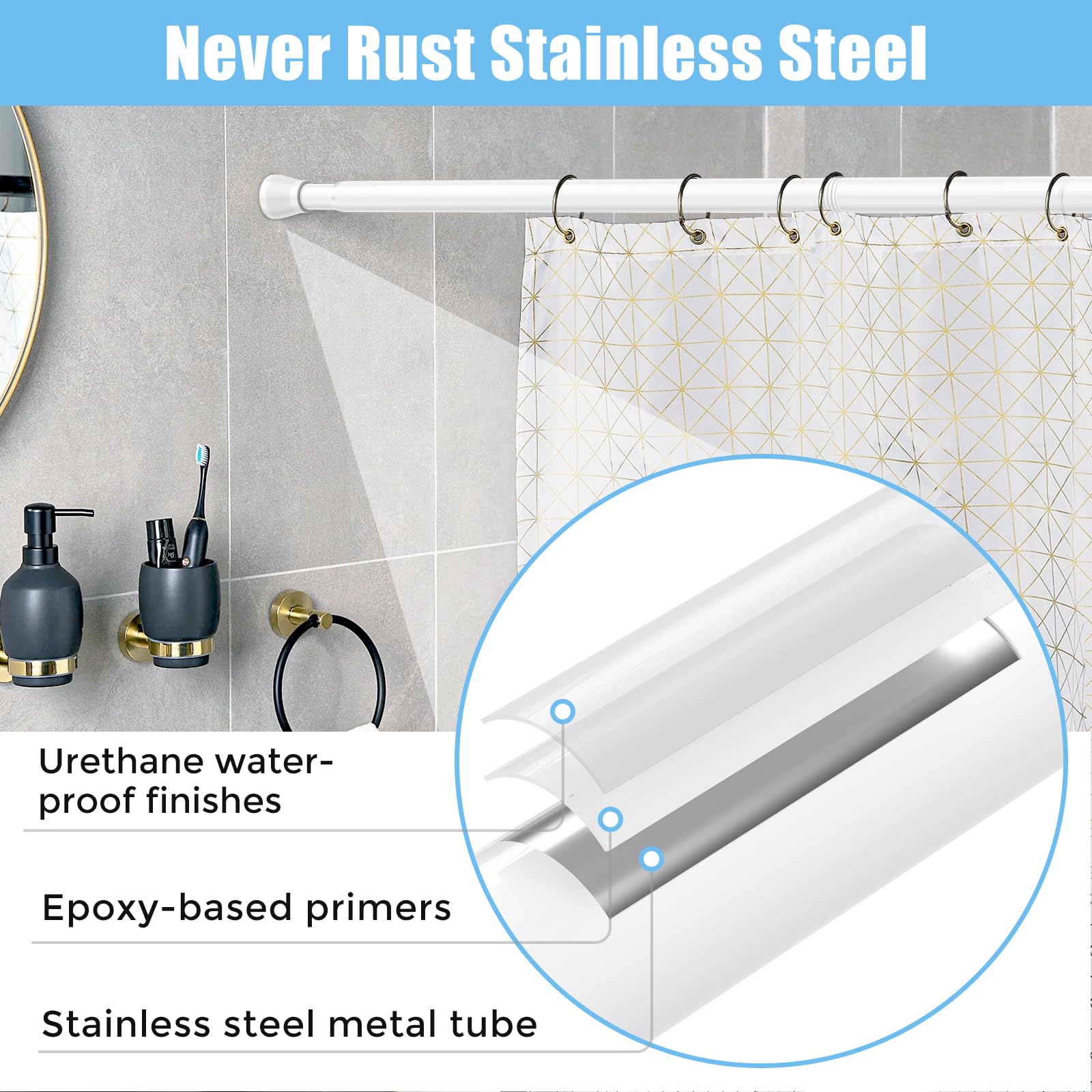 AIZESI tension rod in-use in bathroom for shower curtain setup