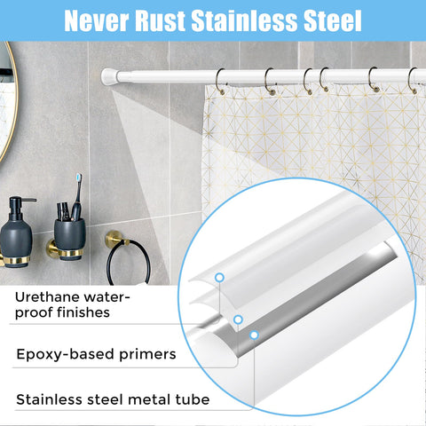 AIZESI tension rod in-use in bathroom for shower curtain setup