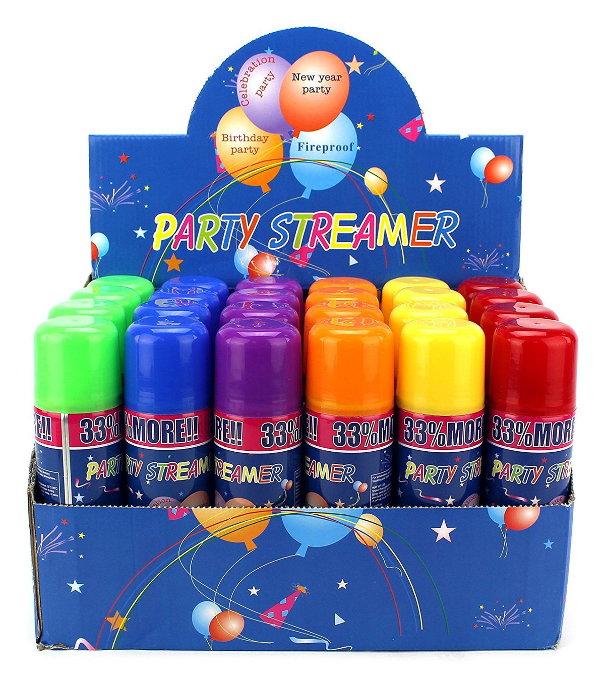 AJ Toys & Games 24-pack party streamer spray cans in assorted colors for celebrations.