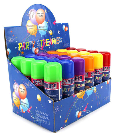 AJ Toys & Games colorful streamer spray cans create vivid birthday décor.