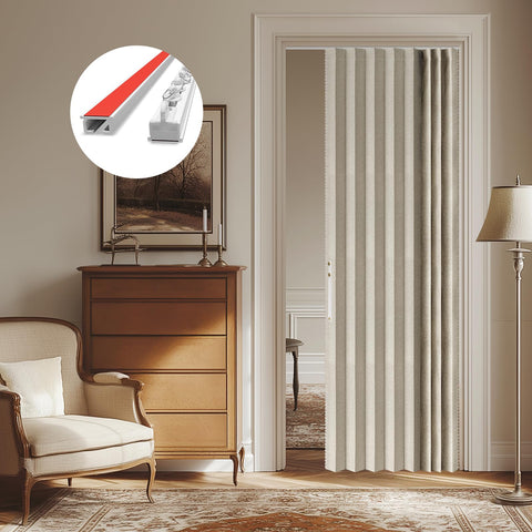 AJAZZ 100% blackout accordion curtain in cream white, closed for privacy.