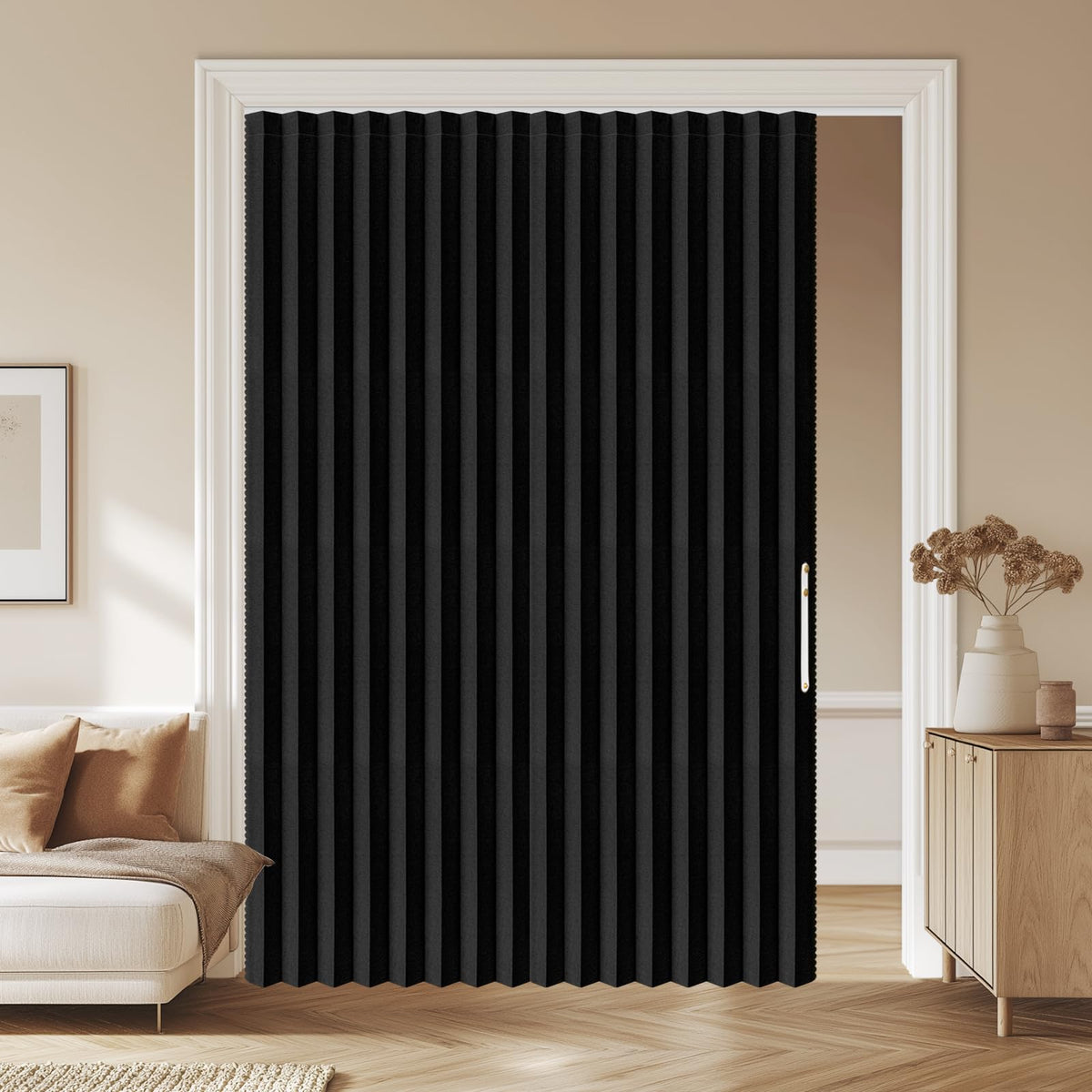 AJAZZ blackout doorway curtain folds neatly for compact living spaces.