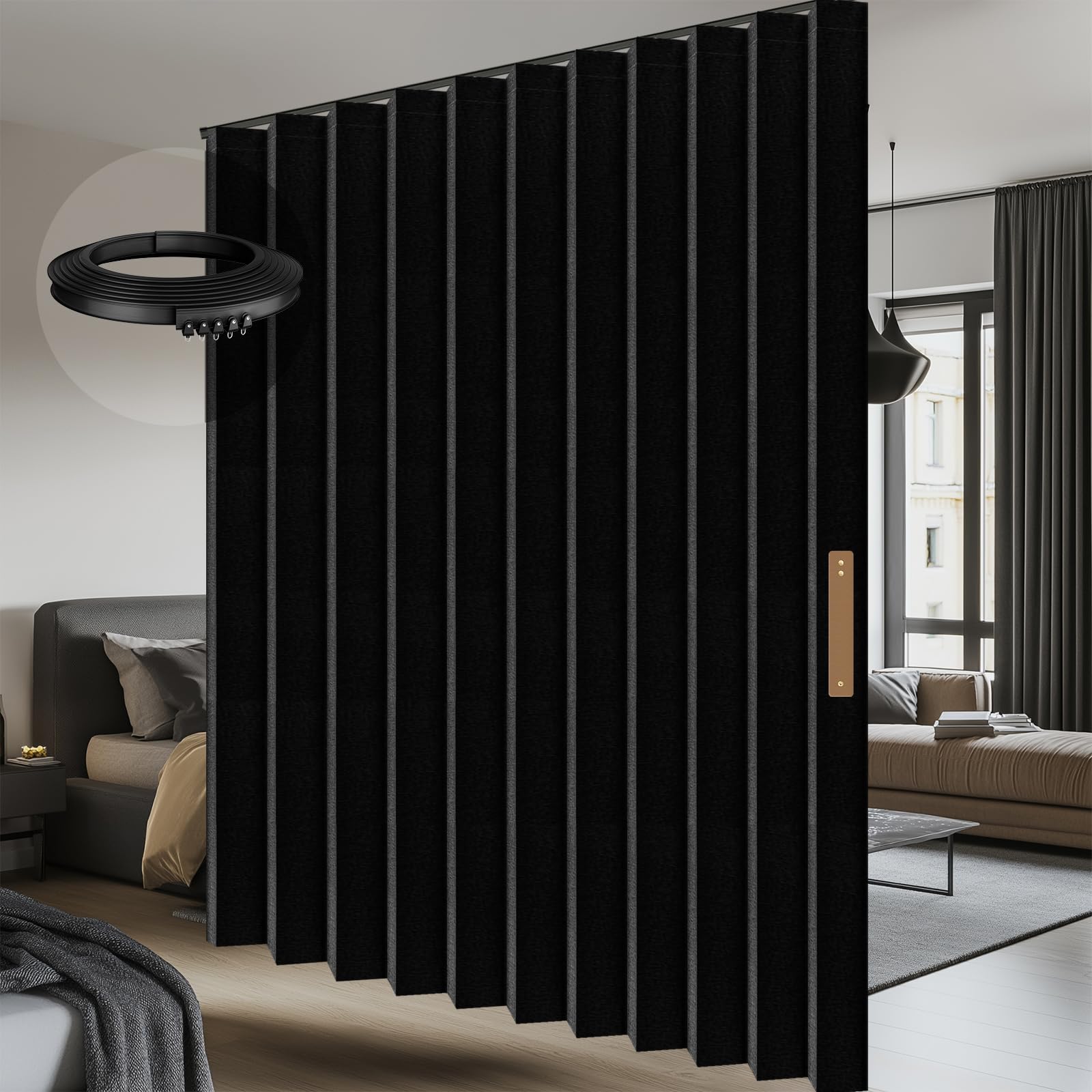 AJAZZ 100% blackout accordion curtain folded for space-saving privacy.