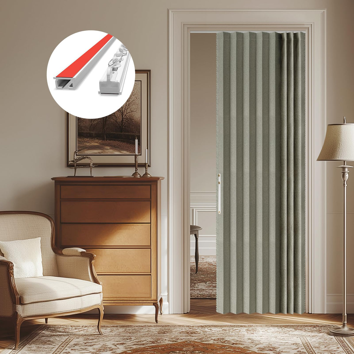 AJAZZ blackout accordion curtain in grey, folding-panel design for privacy.