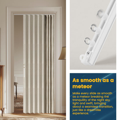 AJAZZ cream white door curtain enhances bedroom privacy and style.
