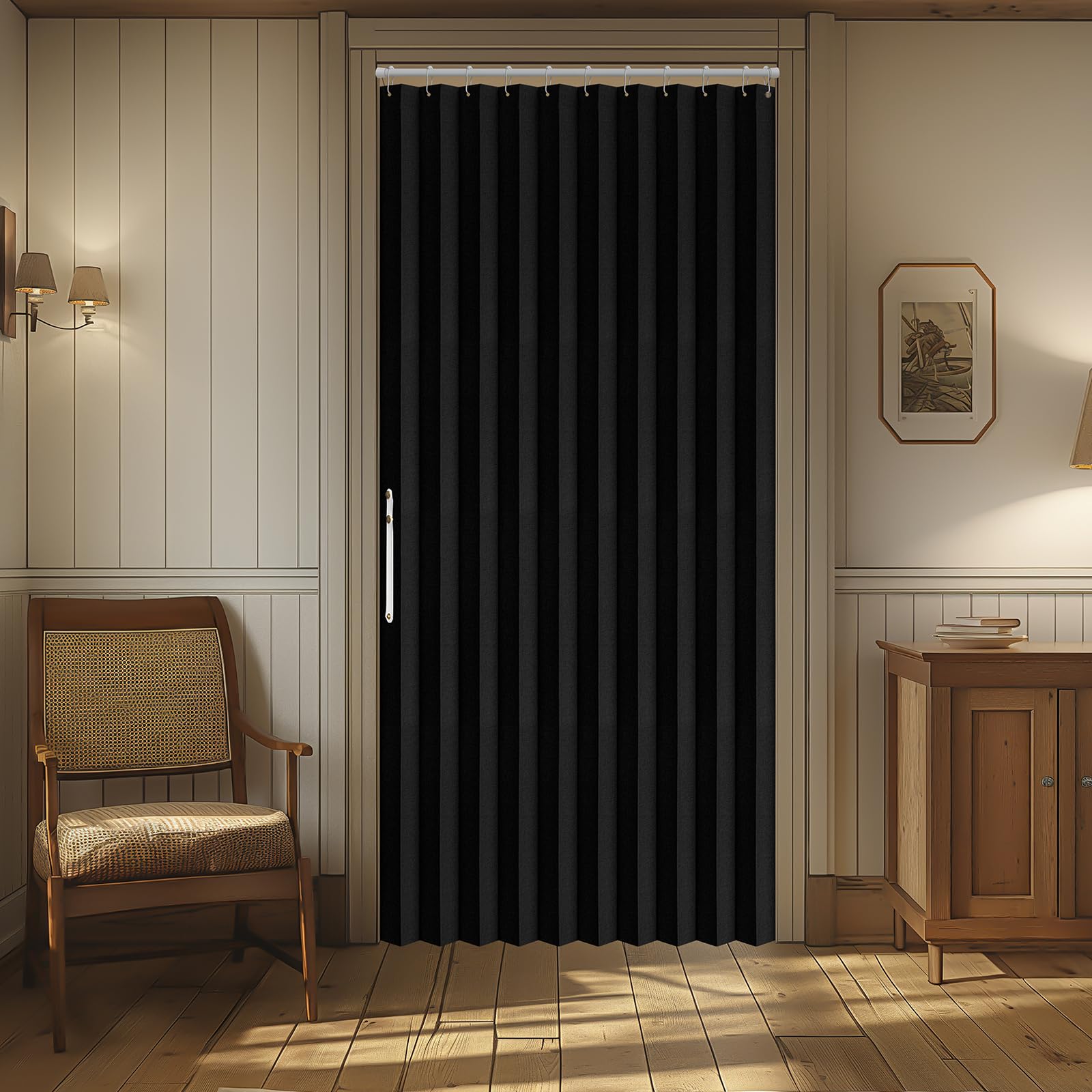 AJAZZ folded-storage door curtain remains tidy when not in use.