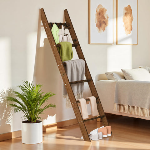 AJLS 6-Tier Blanket Ladder in pine wood for sturdy quilt storage.