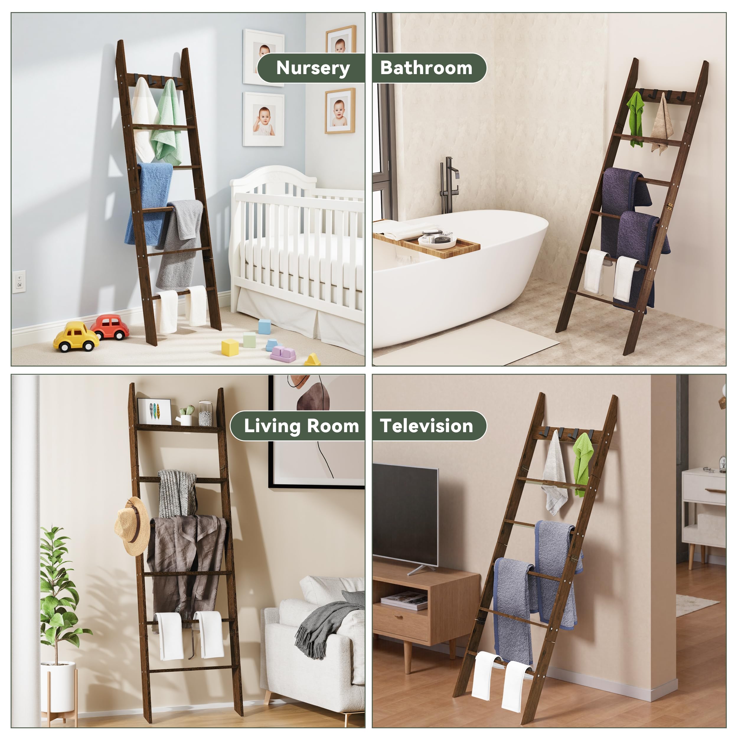 AJLS rustic pine ladder adds farmhouse charm to living room.