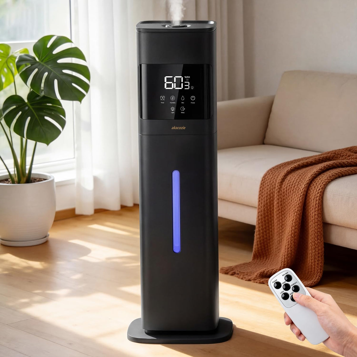 Akacozie large-room humidifier with 8L tank delivering long-lasting mist for big spaces