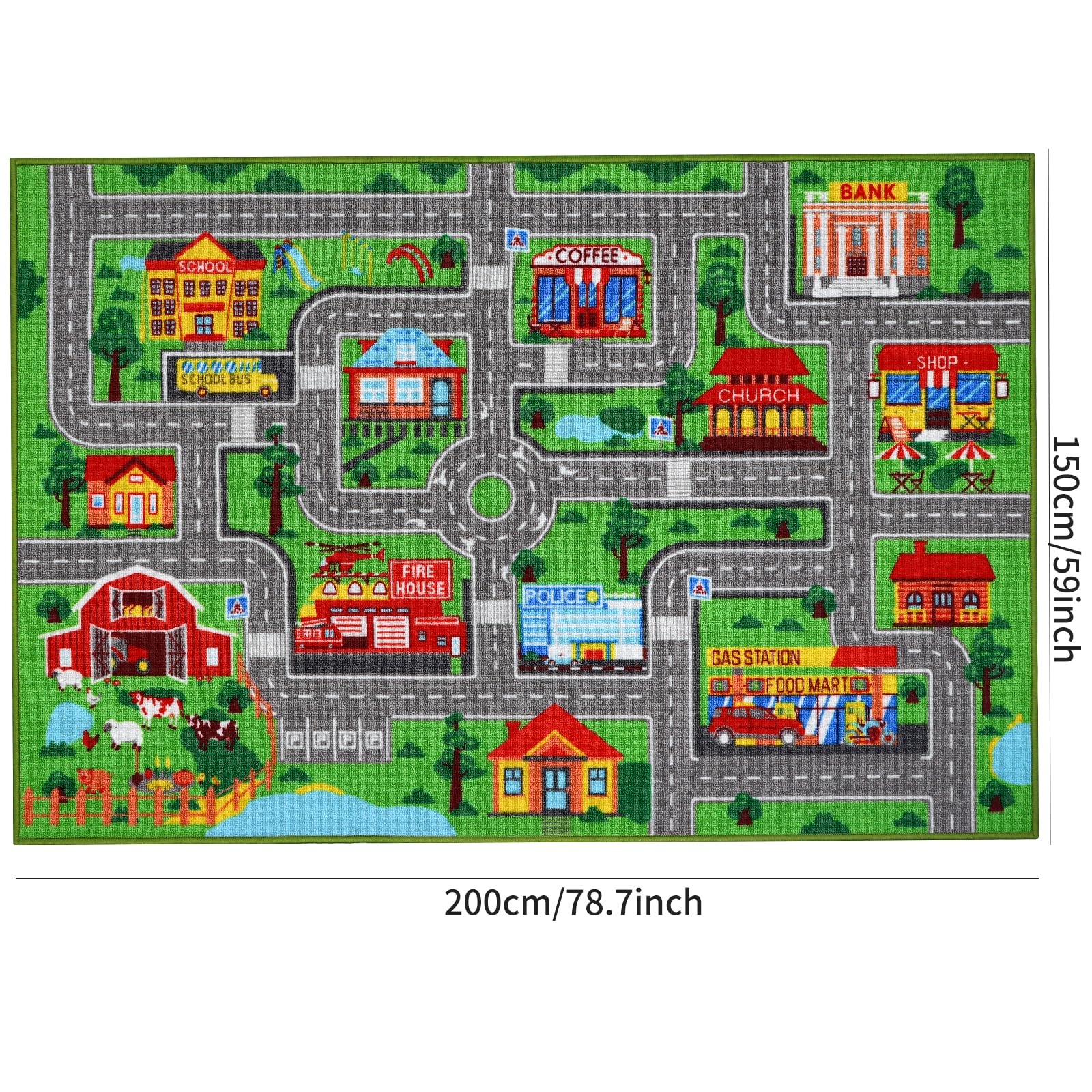 AKASISRUG kids car rug laid out green reveals a spacious play area.