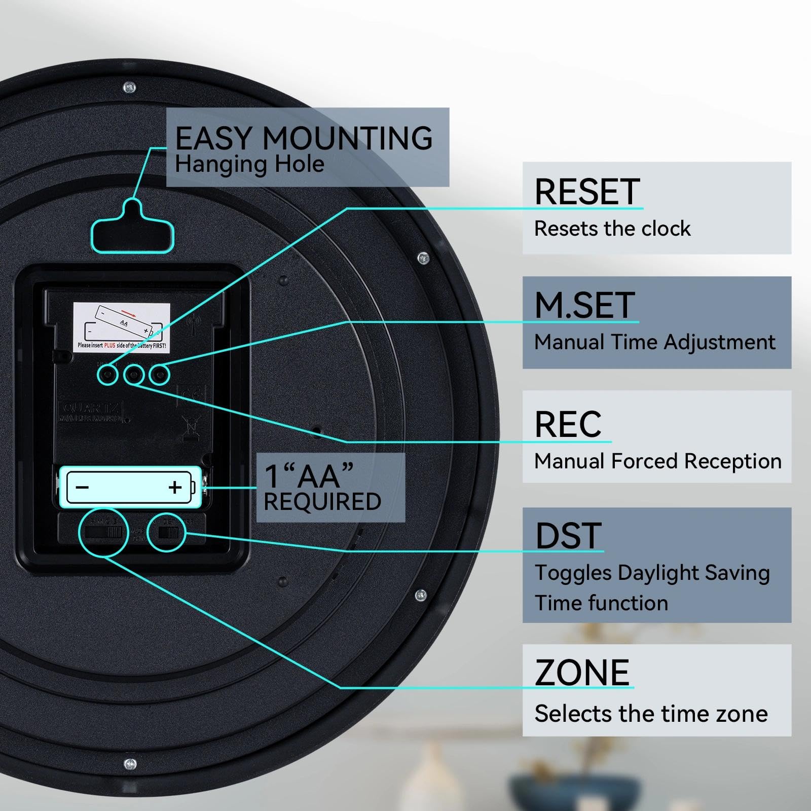 AKCISOT battery-operated clock powered by a single AA battery
