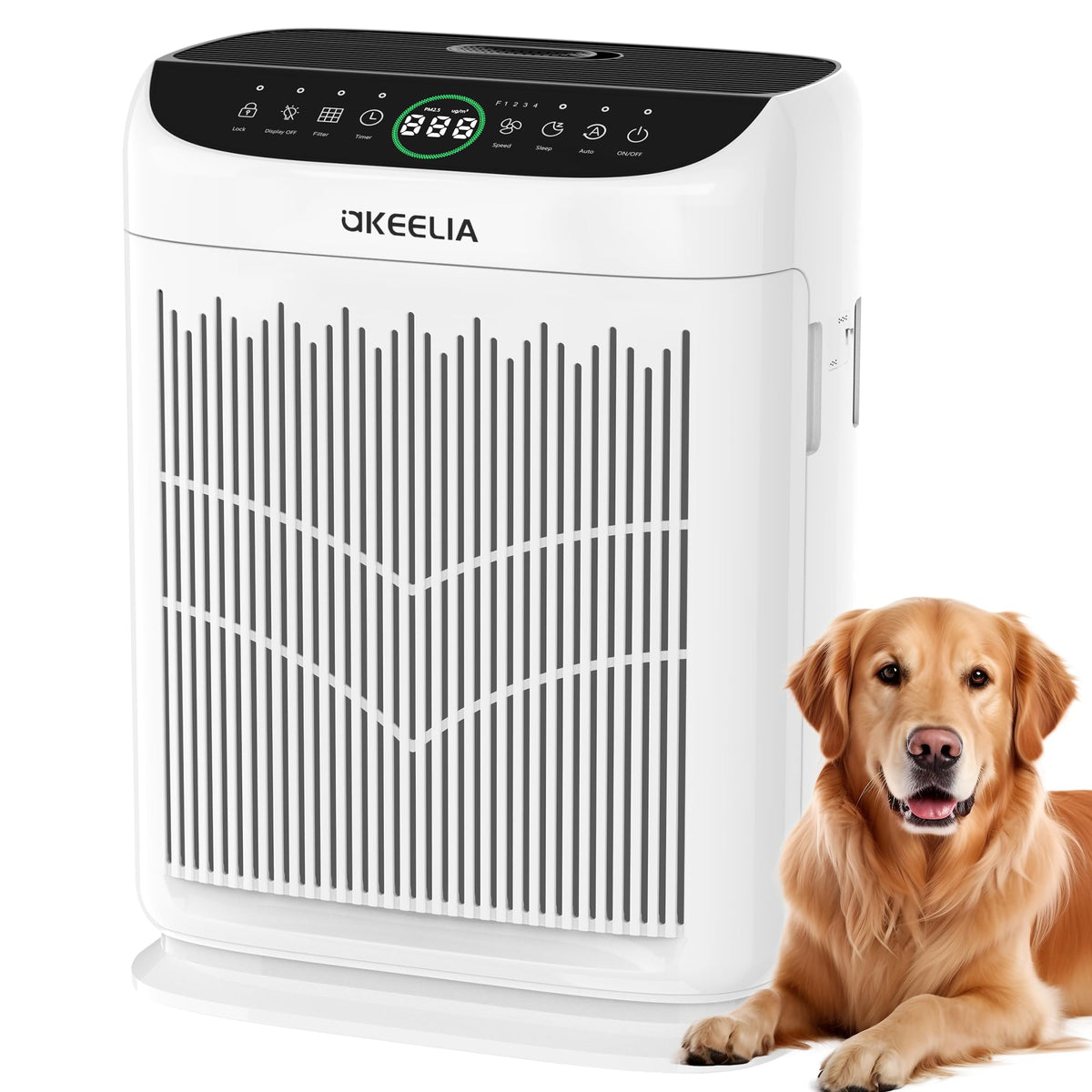 Akeelia air purifier dual-inlet front view showing wide airflow for large rooms