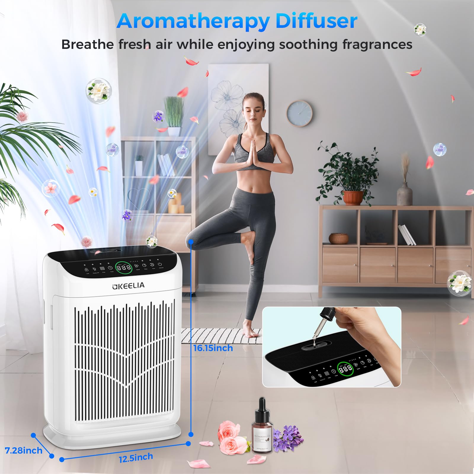 Akeelia air purifier PM2.5 sensor display indicating real-time air quality