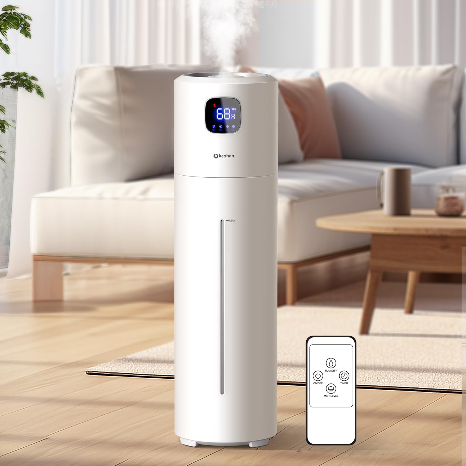 Akeshan 9L humidifier in a bedroom delivering wide coverage for large spaces.