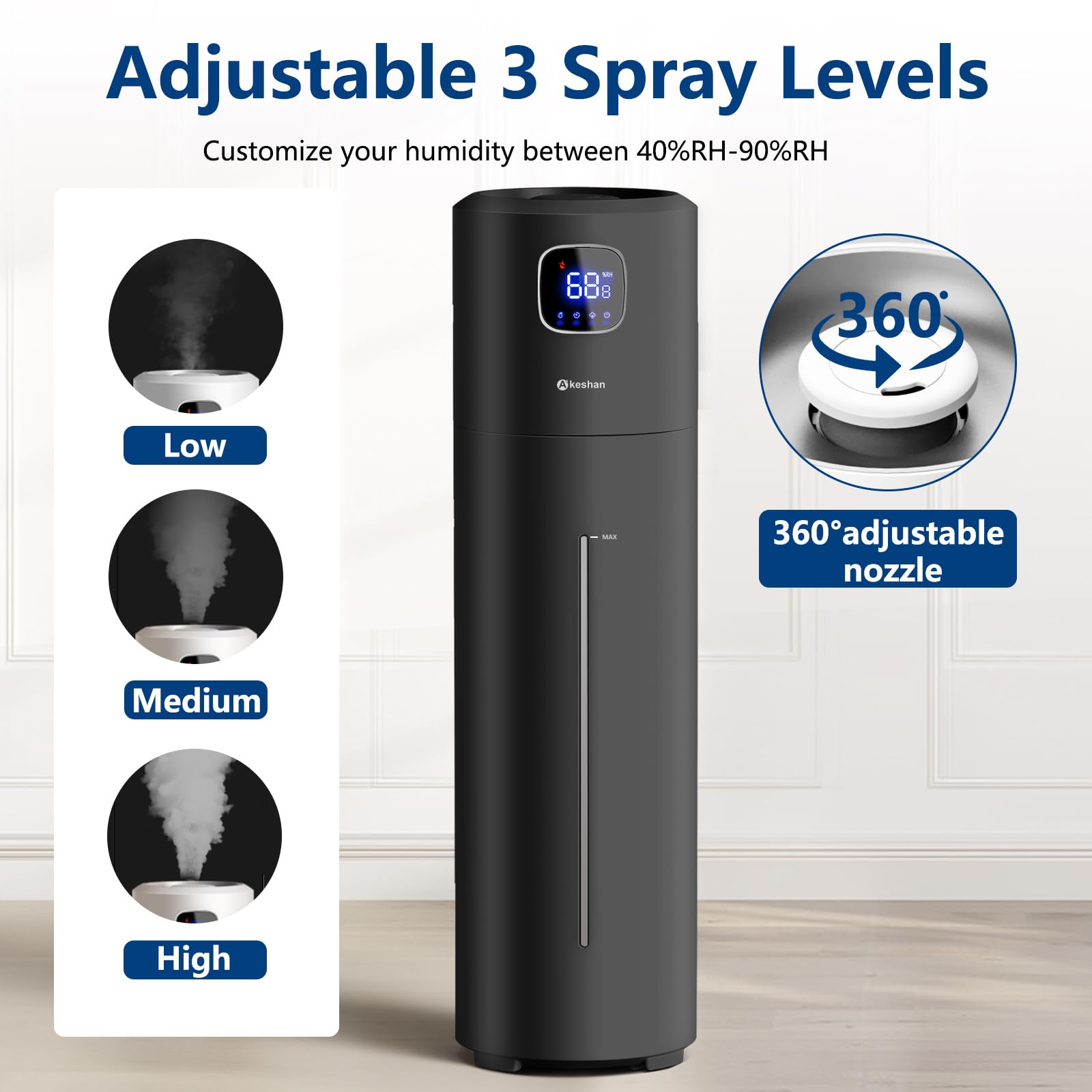 Akeshan humidifier 360° rotating nozzle directs mist where needed.