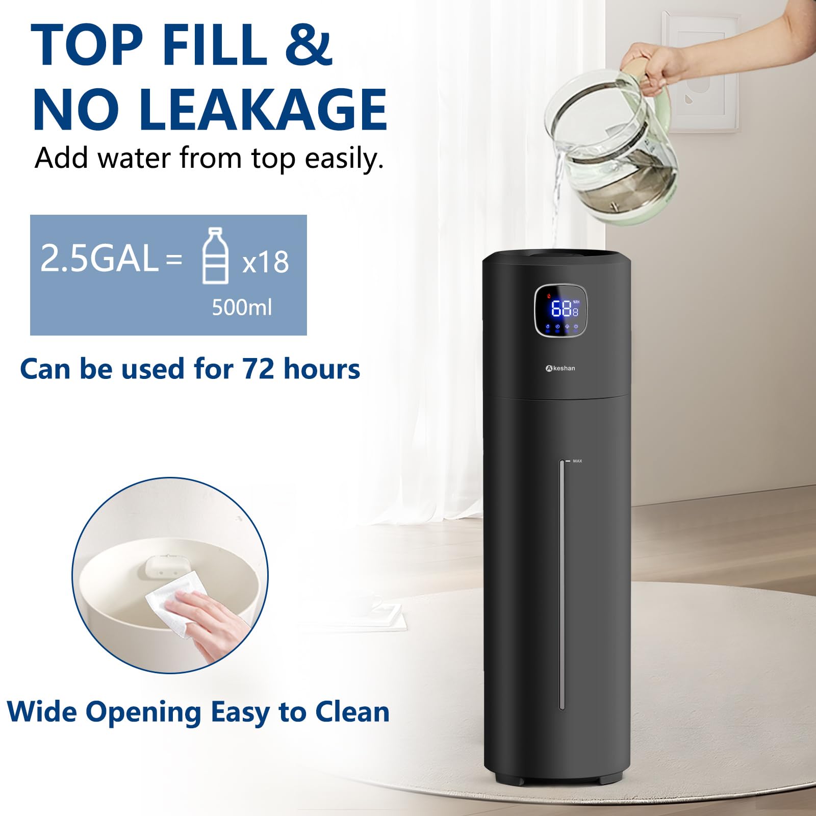 Akeshan humidifier with external humidity sensor maintains balanced humidity.