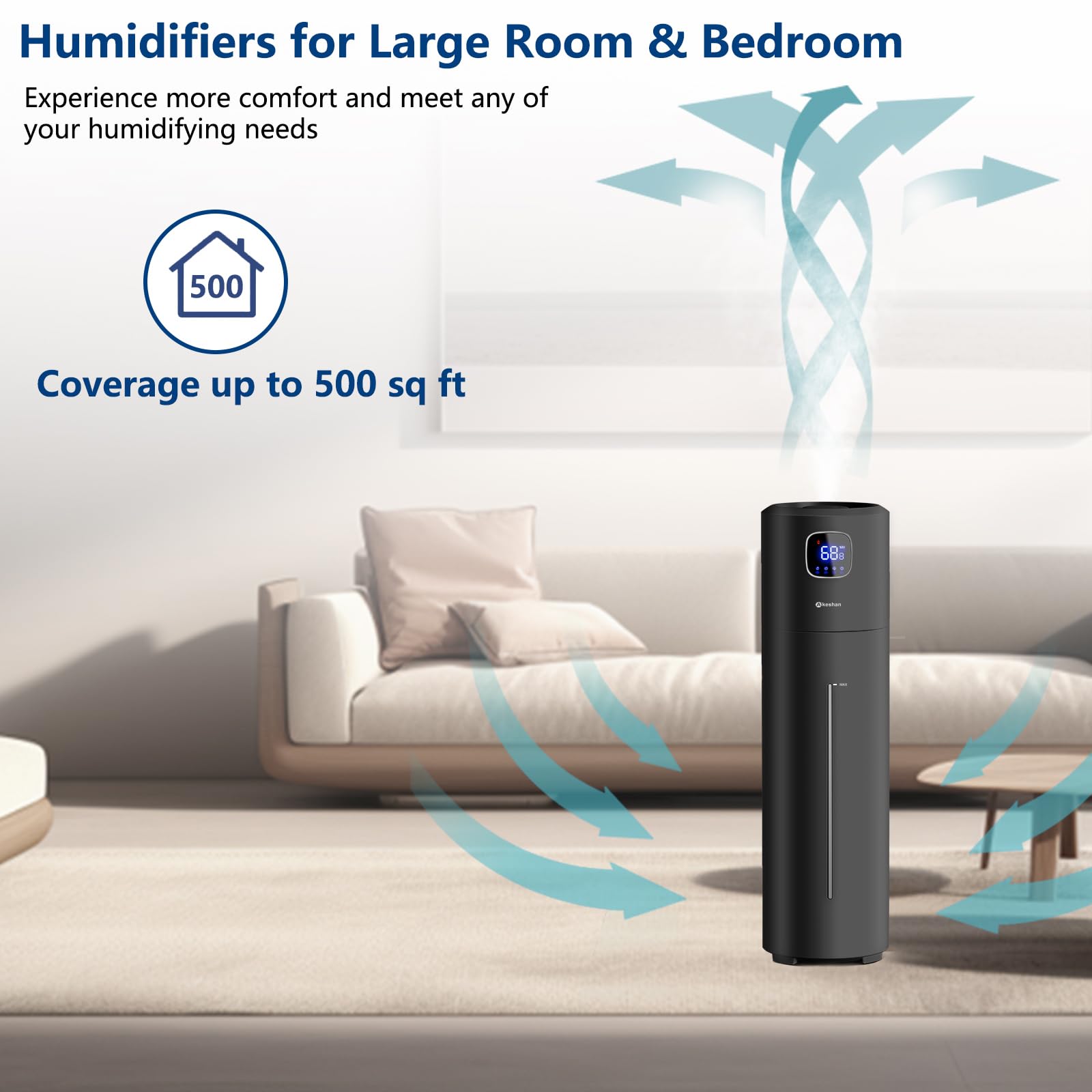 Akeshan humidifier offers three mist levels and a 360° nozzle.