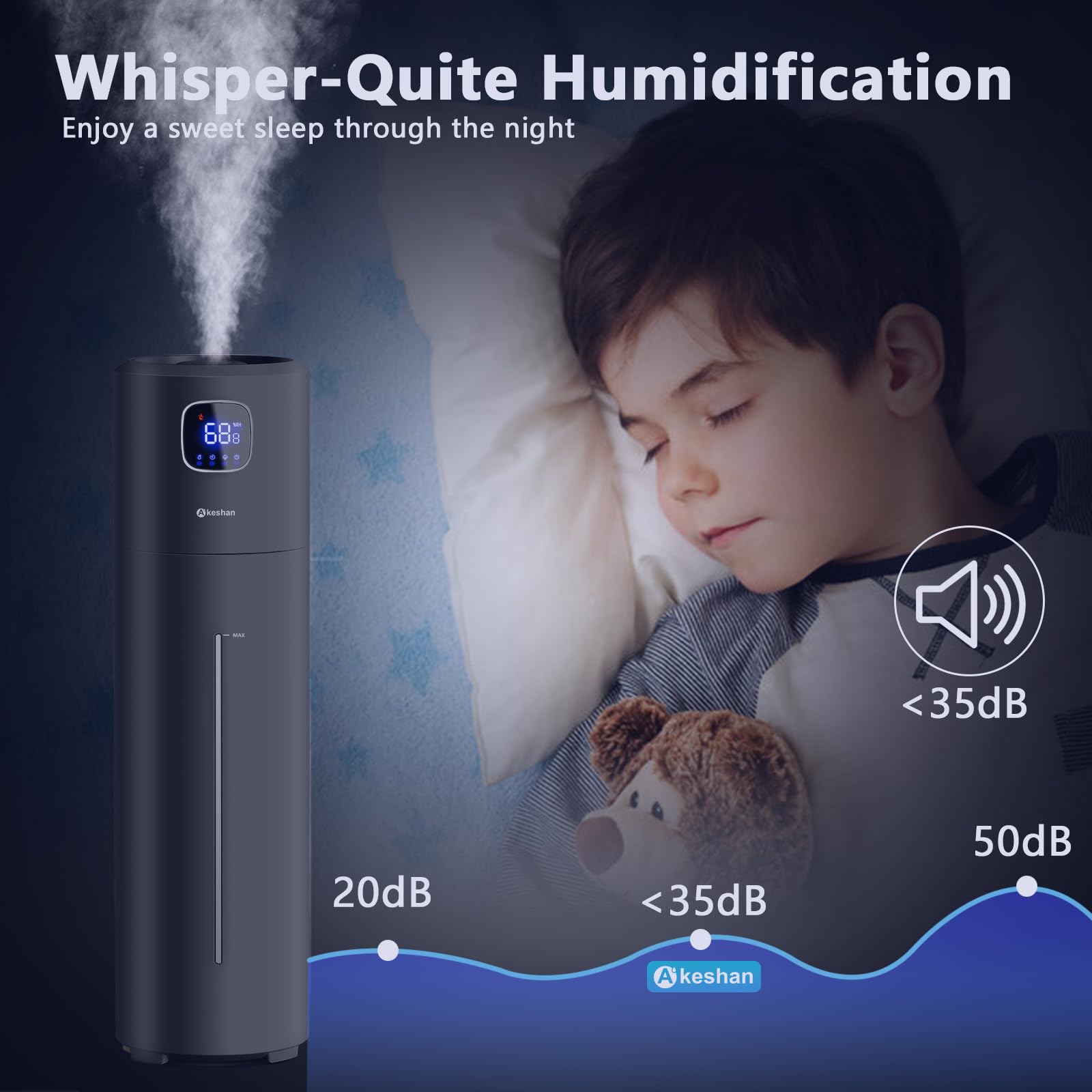 Akeshan humidifier operates quietly for bedrooms and nurseries.