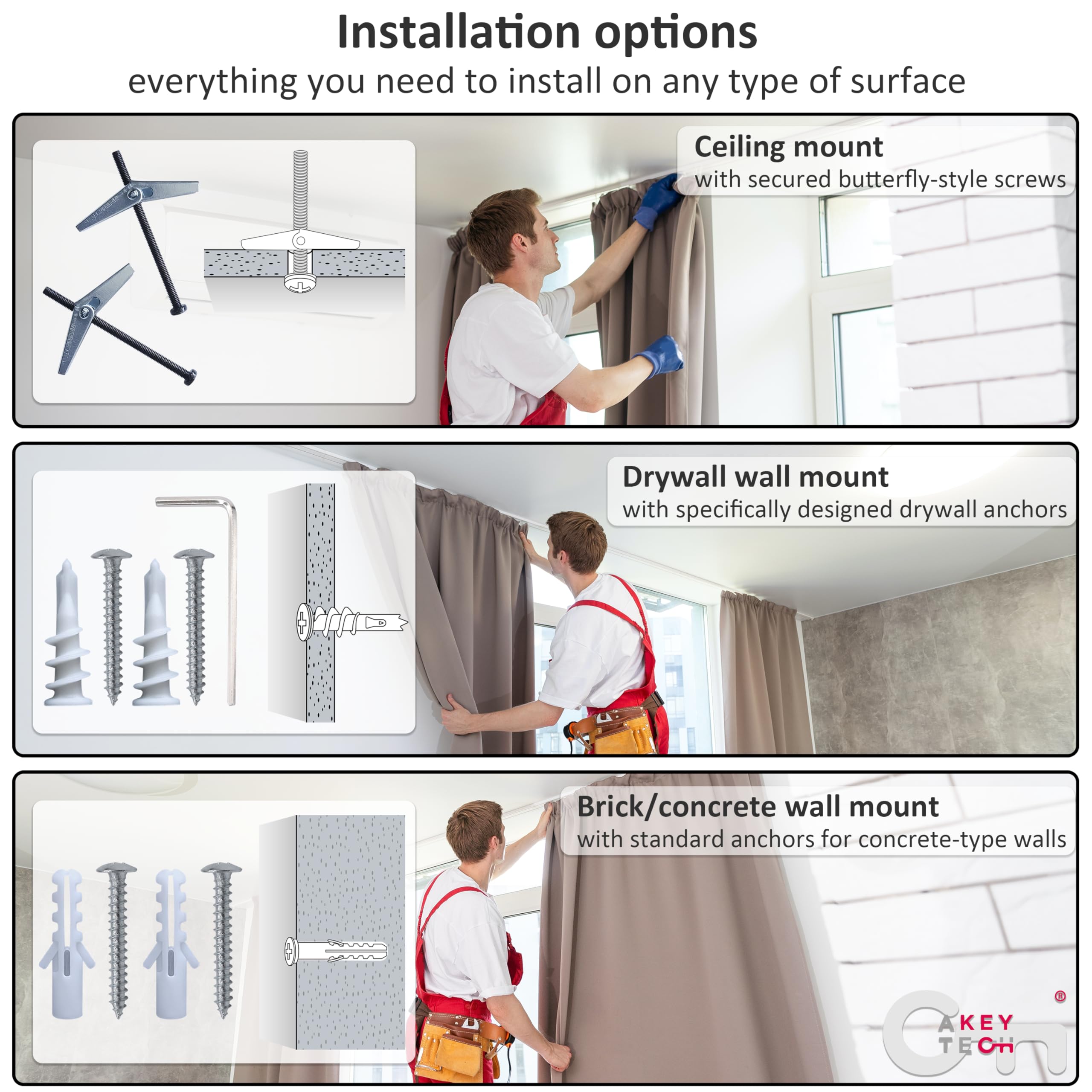 A Key Tech 1-inch rod compatibility supports sturdy drapery and easy upgrades.