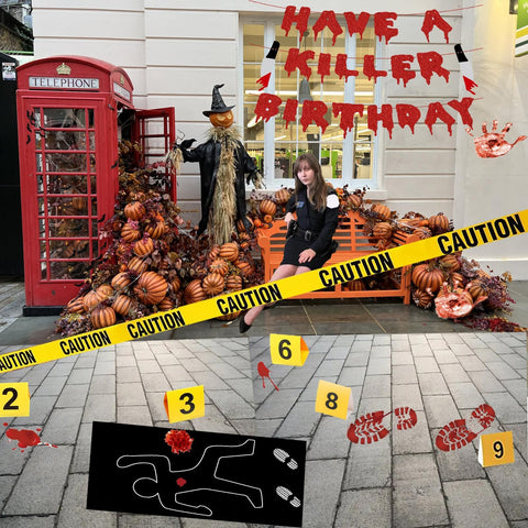 Akide crime scene body silhouette anchors the mystery display on the floor.