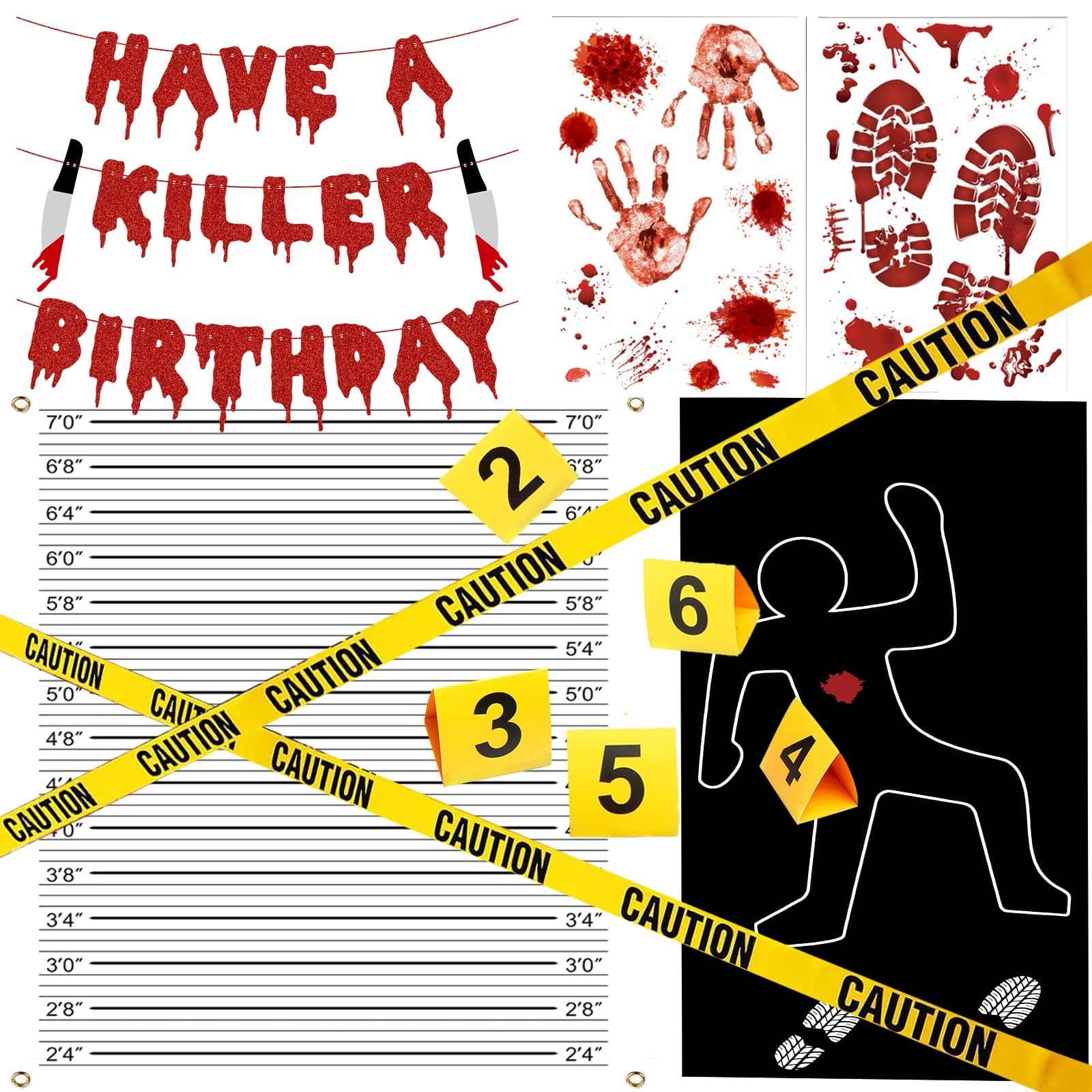 Akide Halloween crime scene banner adds dramatic mood to detective party decor.