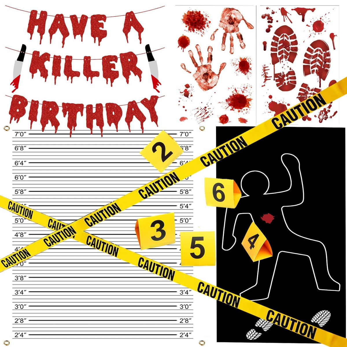 Akide Halloween crime scene banner adds dramatic mood to detective party decor.