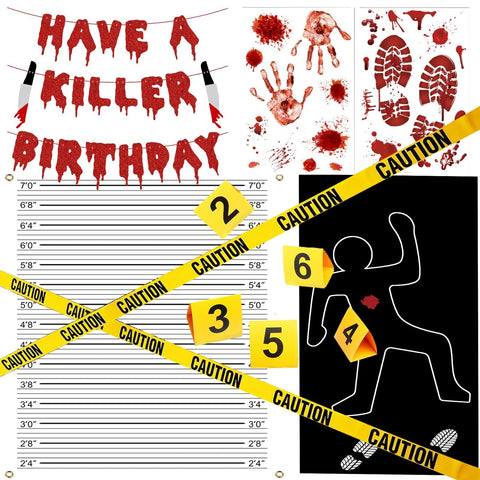 Akide Halloween crime scene banner adds dramatic mood to detective party decor.
