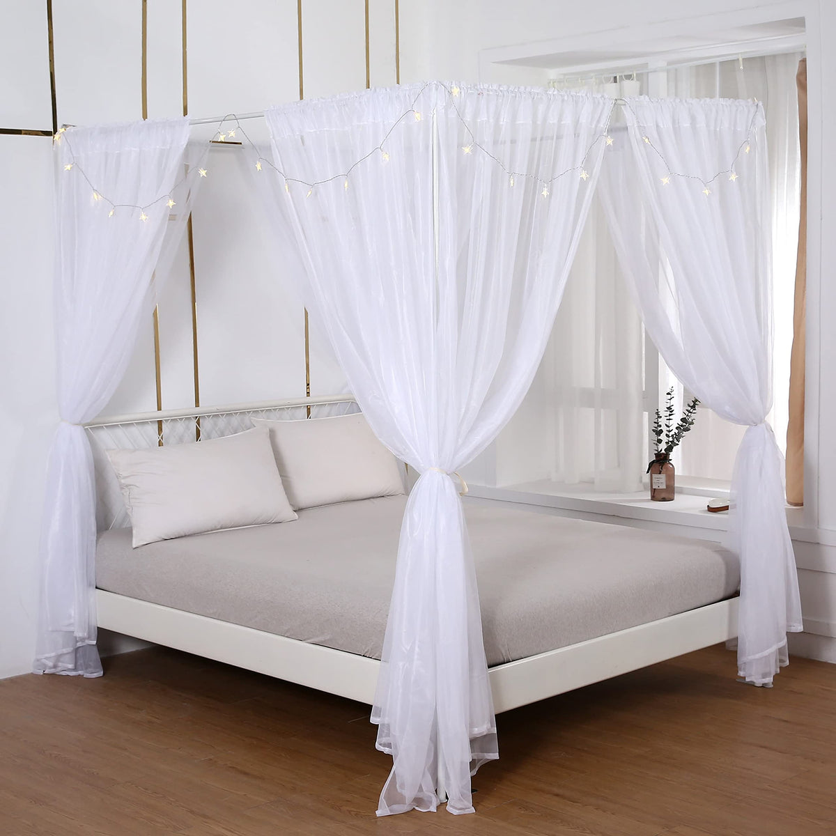 Akiky Princess Canopy Bed Curtains with Lights for a dreamy queen bedroom.