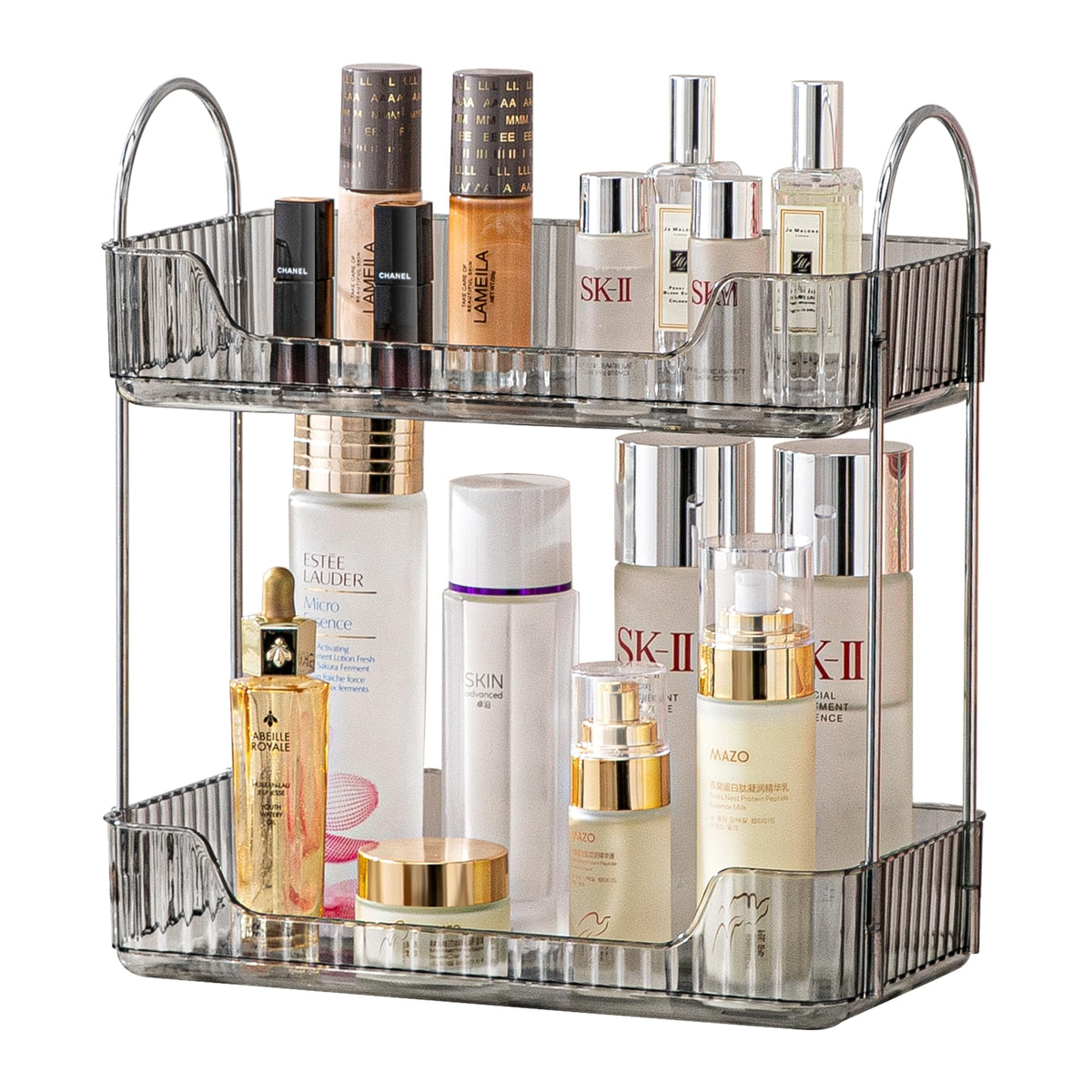 Akinbas 2-tier bathroom organizer on a clean countertop keeps cosmetics neatly stored
