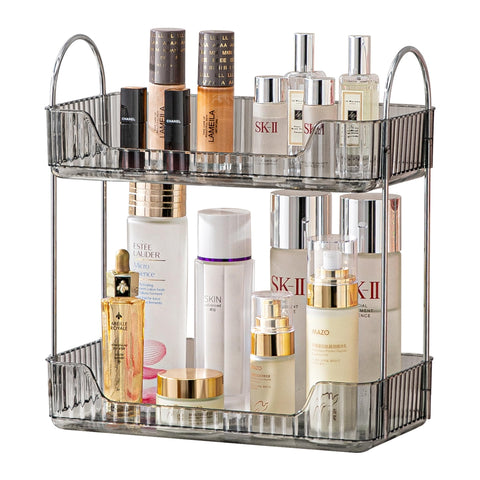 Akinbas 2-tier bathroom organizer on a clean countertop keeps cosmetics neatly stored