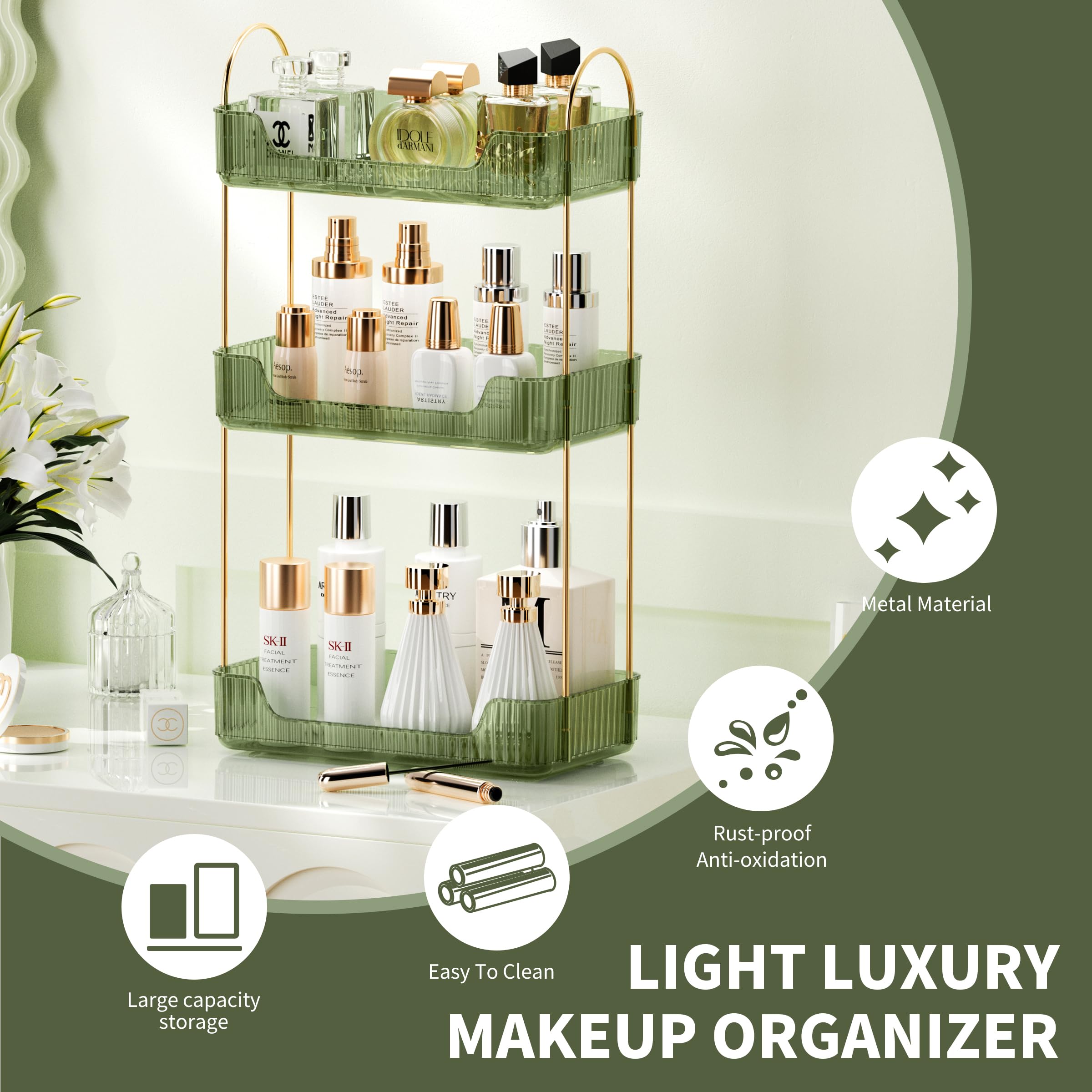 Akinbas 3-tier bathroom organizer close-up of gold brackets and sturdy construction