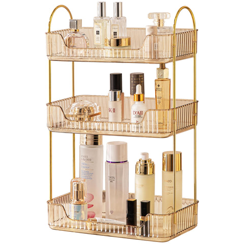 Akinbas 3-Tier bathroom organizer in gold front view shows ample vanity storage.