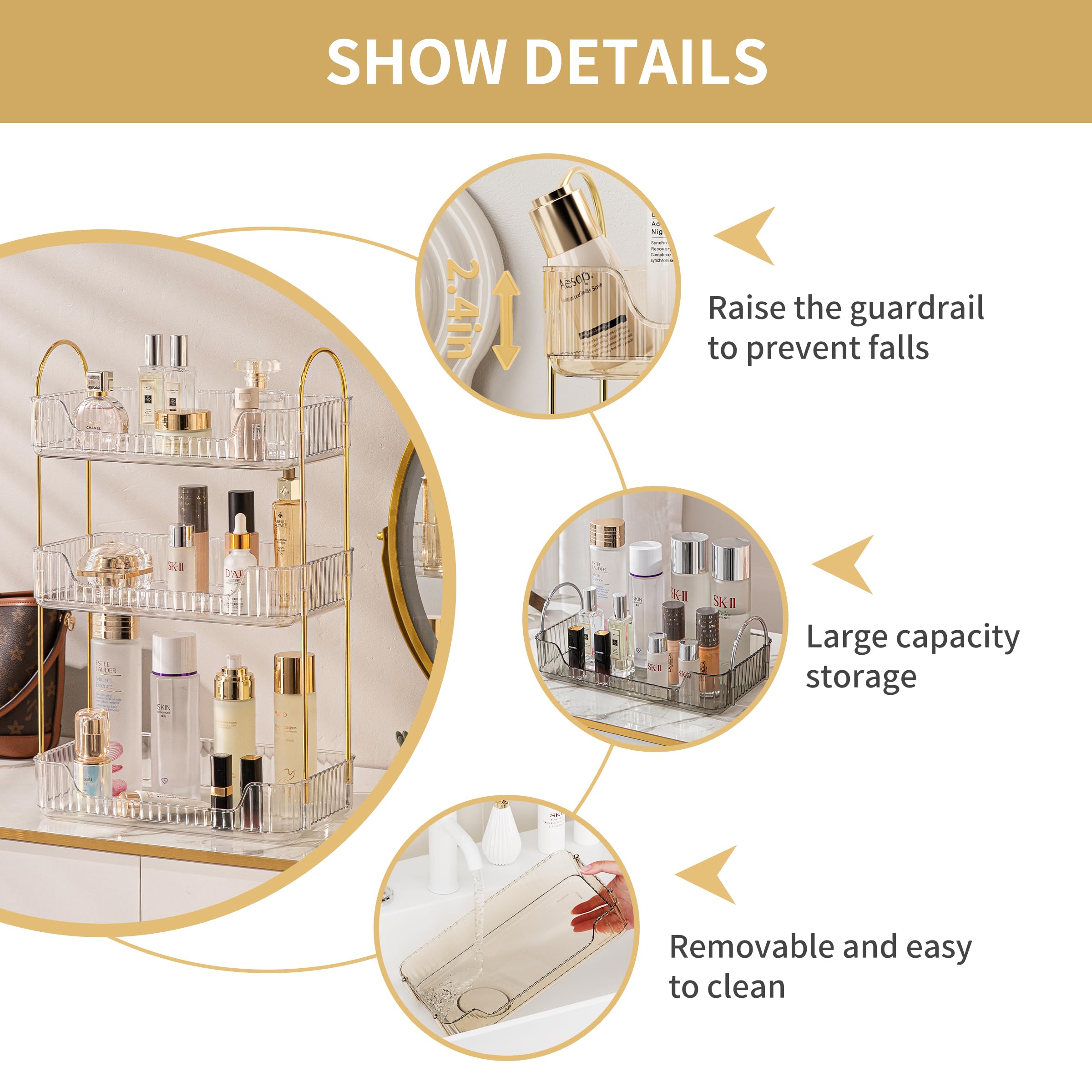 Akinbas white dresser area features elegant finish for bathroom or vanity.
