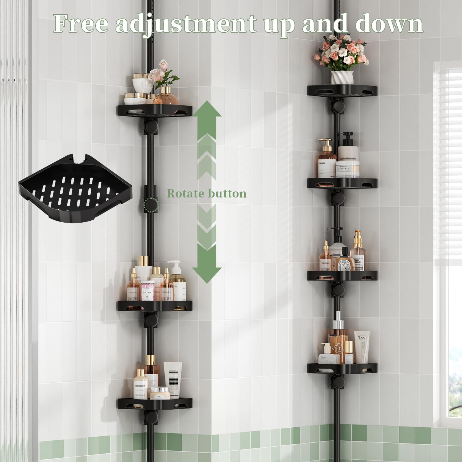 Akinbas removable hooks add space for razors, loofahs, and towels.