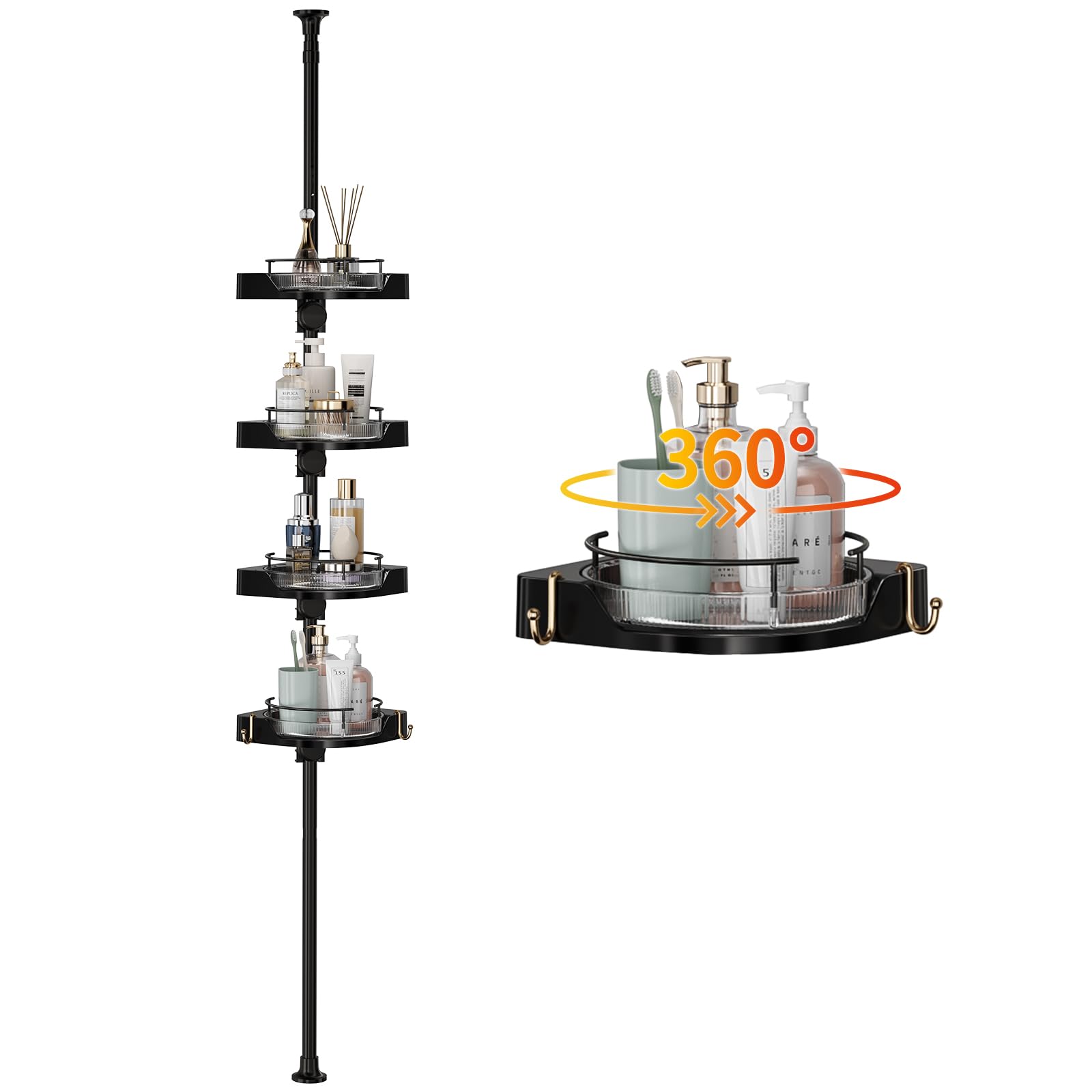 Akinbas shower caddy with 360 rotating design for easy reach of toiletries.