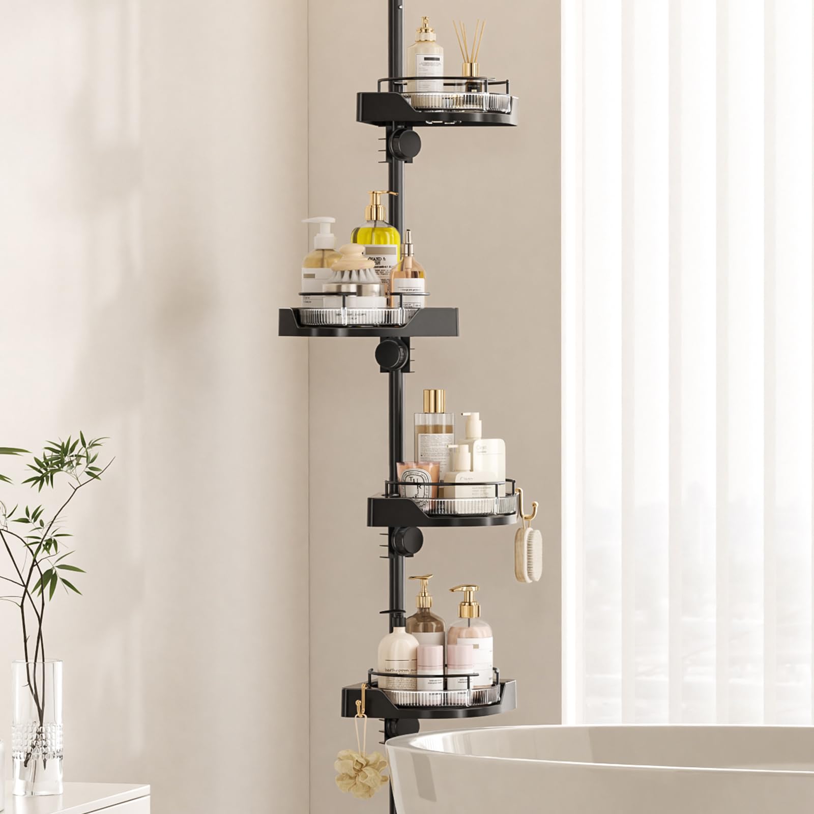 Akinbas tension pole with clip buckles for quick height adjustment.