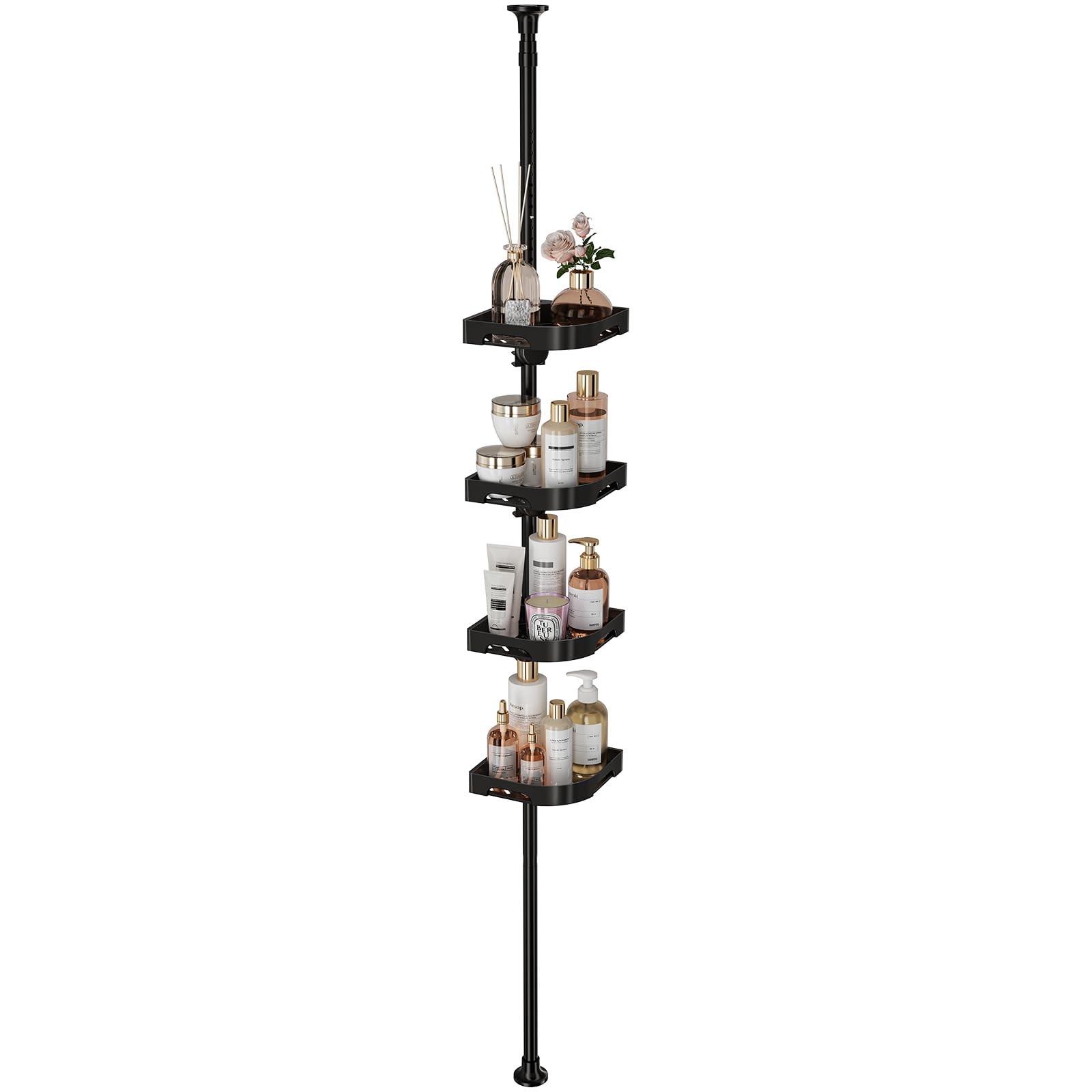 Akinbas tension pole shower caddy assembly demonstrates quick, tool-free installation for any bathroom.