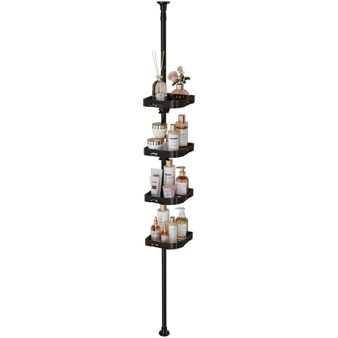 Akinbas tension pole shower caddy assembly demonstrates quick, tool-free installation for any bathroom.