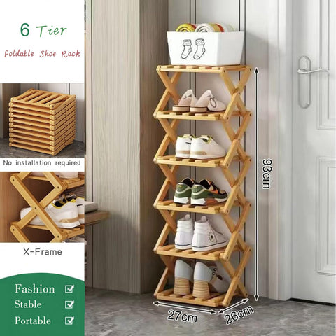 Akloya 6-tier shoe rack assembled shows sturdy bamboo construction and stability.
