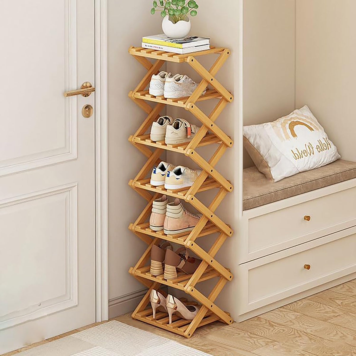 Akloya vertical 7-tier foldable shoe rack for space-saving entryway storage.